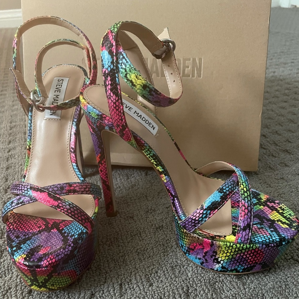 Steve Madden neon rainbow snake print heels